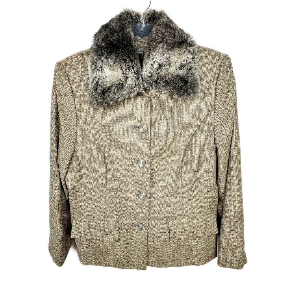Kate Hill Wool Blend Herringbone Lightweight Blazer Faux Fur Collar Jacket 14W